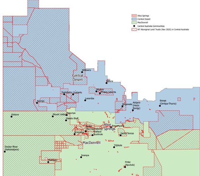 A map of the Central Australia regions, encompassing the areas of Central Desert, Alice Springs and the MacDonnell ranges