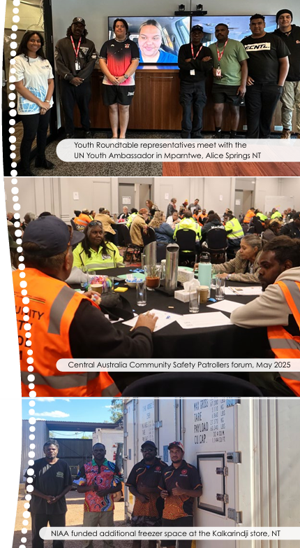 Top - Youth Roundtable representatives meet with the   UN Youth Ambassador in Mparntwe, Alice Springs NT. Middle - Central Australia Community Safety Patrollers forum, May 2025. Bottom - NIAA funded additional freezer space at the Kalkarindji store, NT
