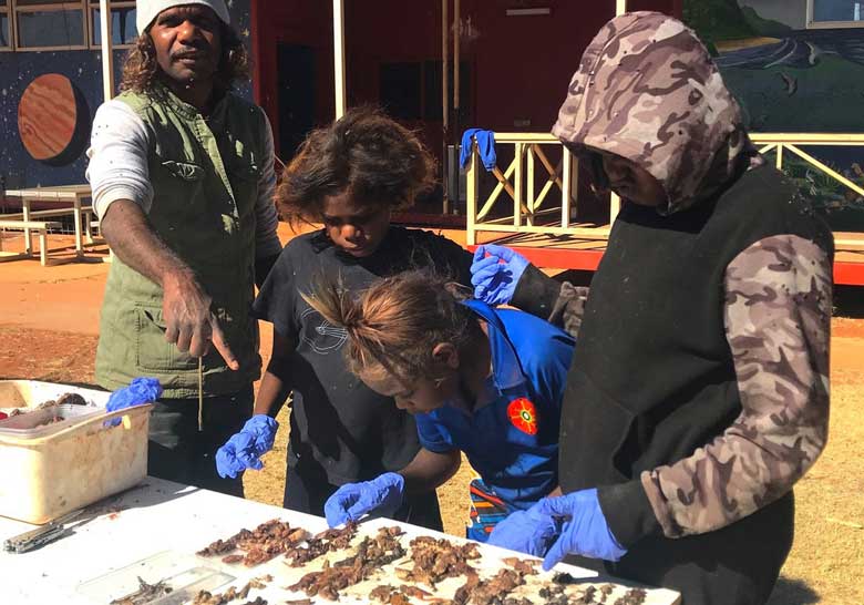 Indigenous ranger, John West, at a table with three Indigenous children identifying stomach contents of feral cats