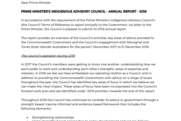 Prime Minister’s Indigenous Advisory Council’s 2018 Annual Report 