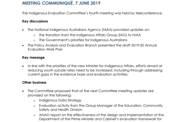 Meeting Communiqué: Indigenous Evaluation Committee, 7 June 2019
