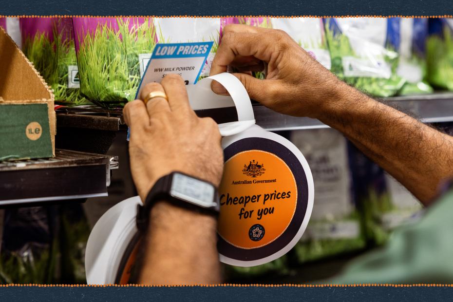 Hands putting a Cheaper prices for you wobbly sign on a store shelf