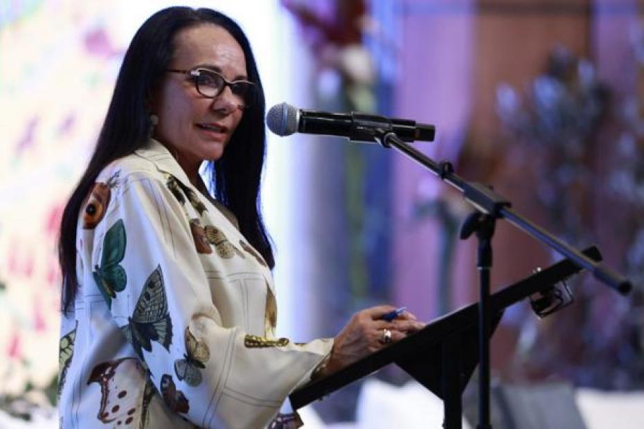 Minister for Indigenous Australians, the Hon Linda Burney MP speaking in front of podium and microphone